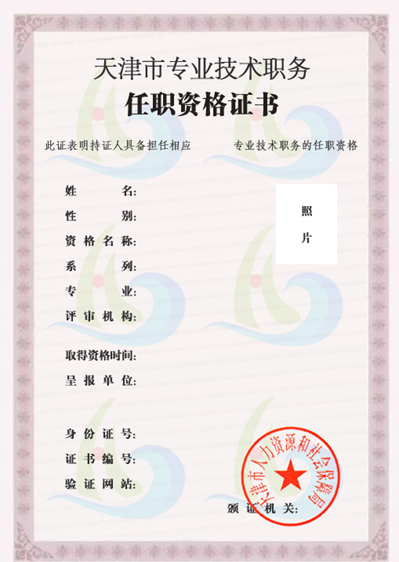 天津市专业技术职务任职资格电子证书样式