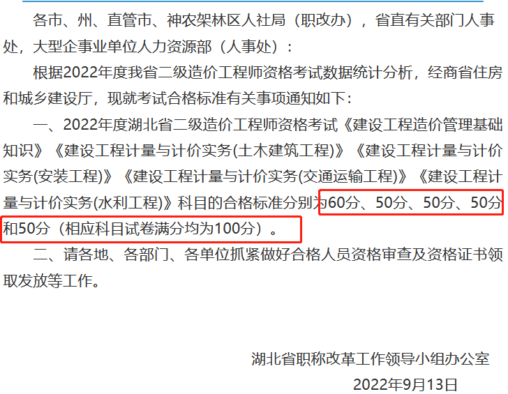 湖北2022年二级造价师考试成绩合格标准